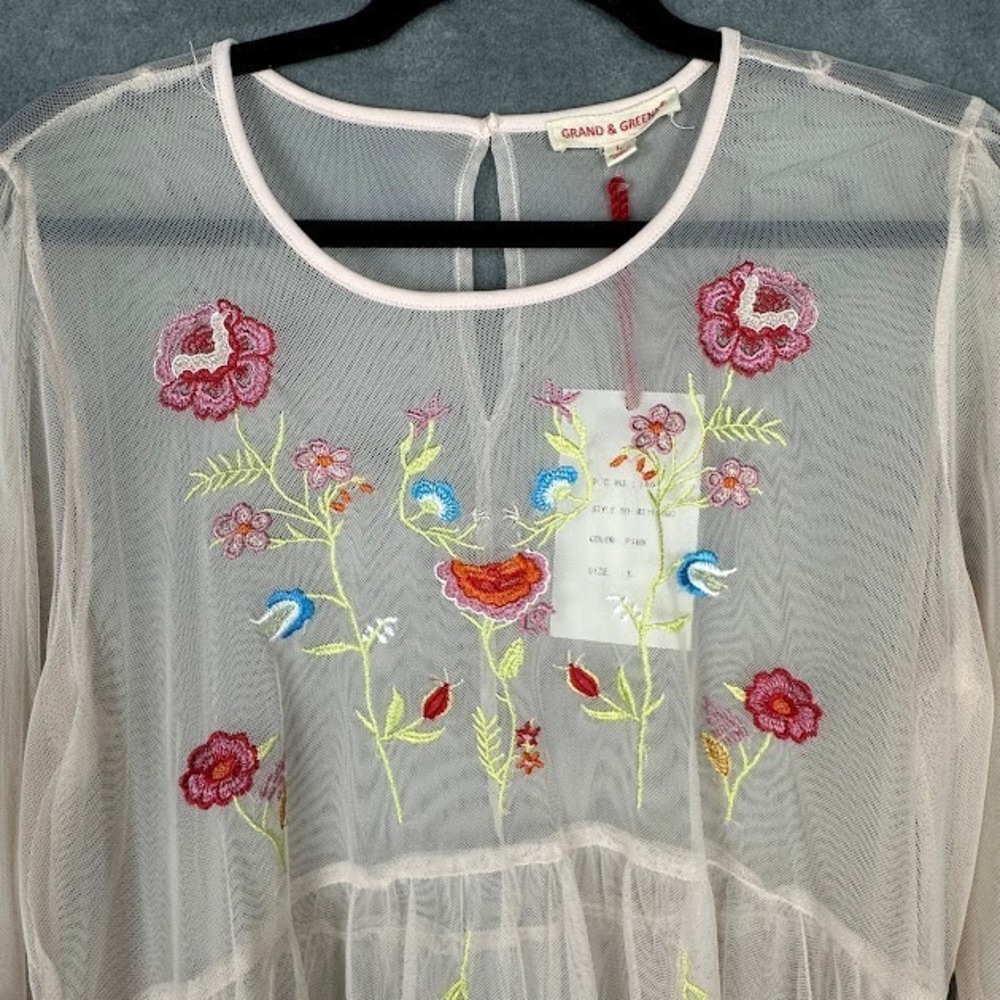 Grand Greene Top Womens Large Pink Embroidered Floral Sheer Romantic Whimsy Boho - Picture 2 of 13